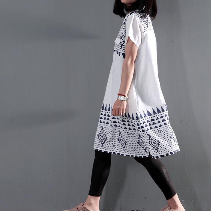 White retro summer linen dress oversize shift dresses short sleeve casual sundress
