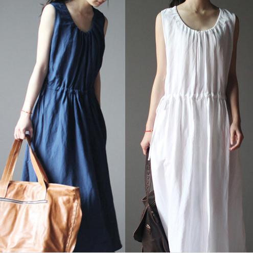 White summer linen dress sleeveless sundress casual maxi dress