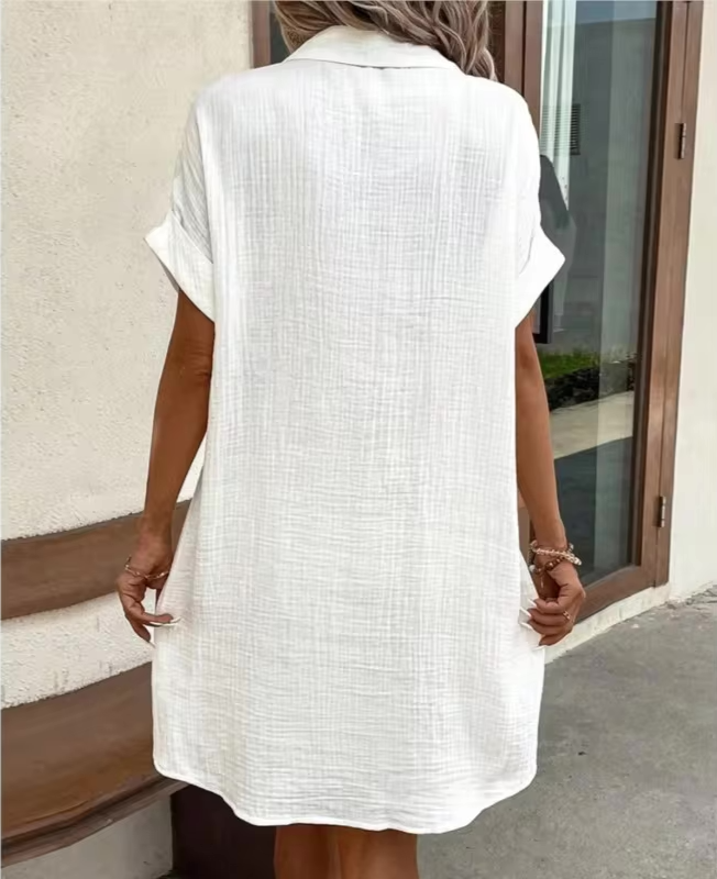 Textured Gauze Button Front Short Sleeve Shirt Dress