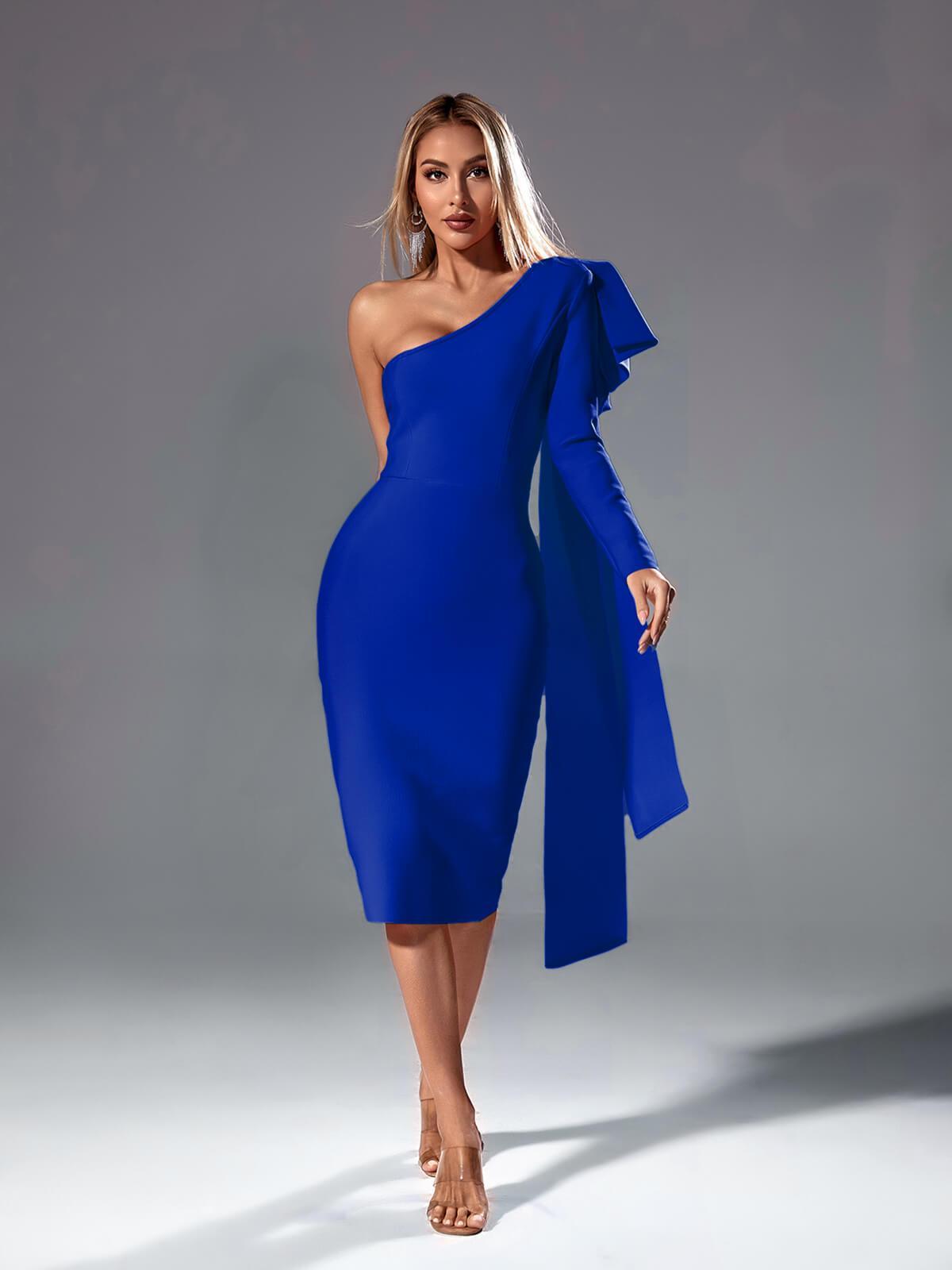 Bandage One Shoulder Long Sleeve Ruffle Midi Dress