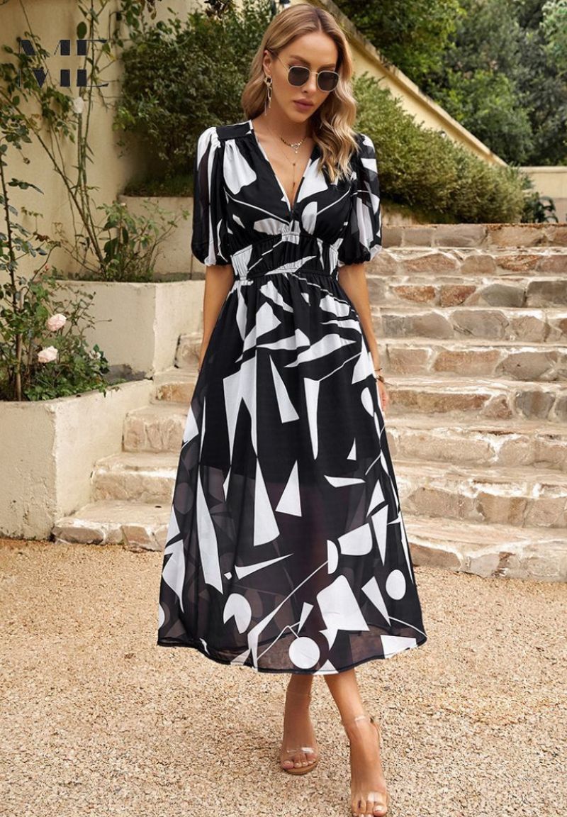 Floral Chiffon V-Neck Short Sleeve Midi Dress 12
