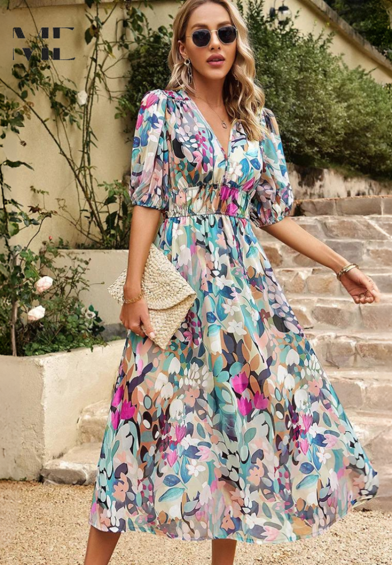 Floral Chiffon V-Neck Short Sleeve Midi Dress 5