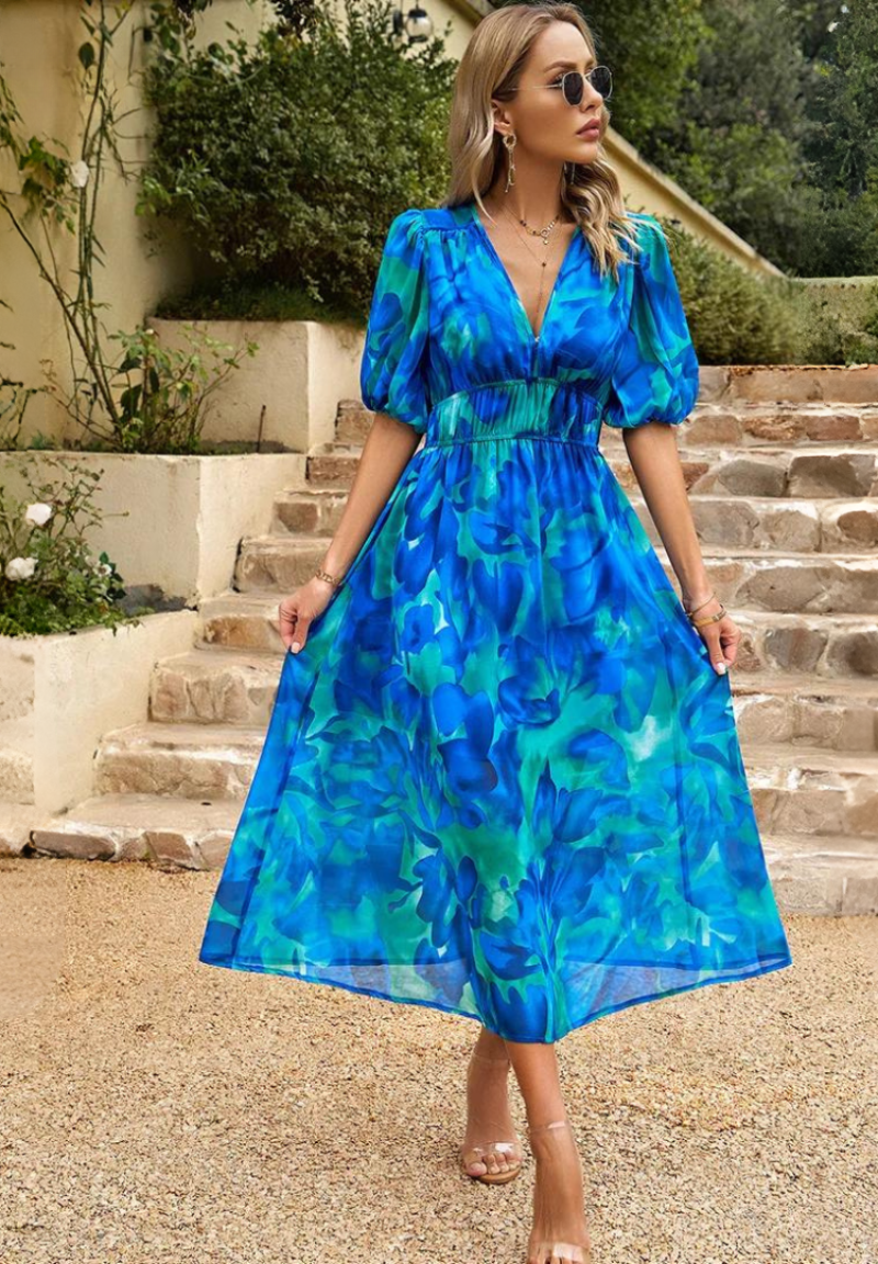 Floral Chiffon V-Neck Short Sleeve Midi Dress 6