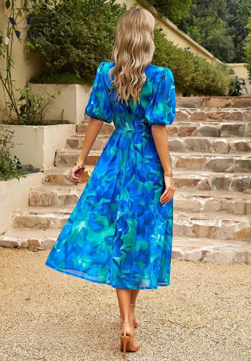 Floral Chiffon V-Neck Short Sleeve Midi Dress 7