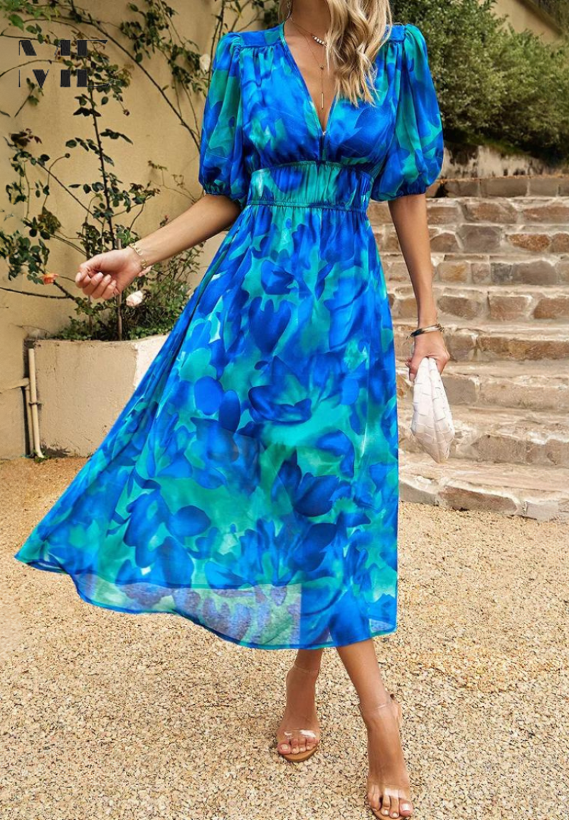 Floral Chiffon V-Neck Short Sleeve Midi Dress 9