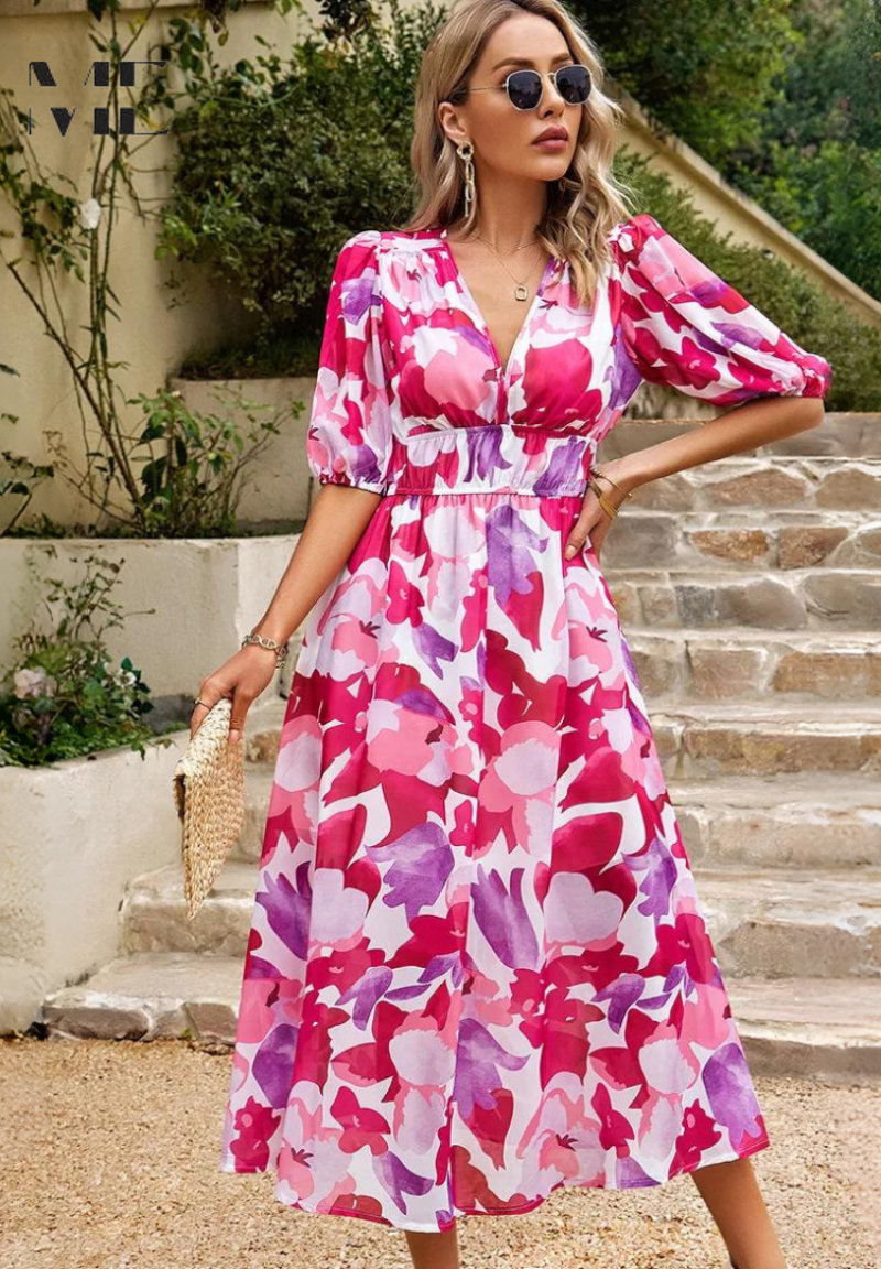 Floral Chiffon V-Neck Short Sleeve Midi Dress 10