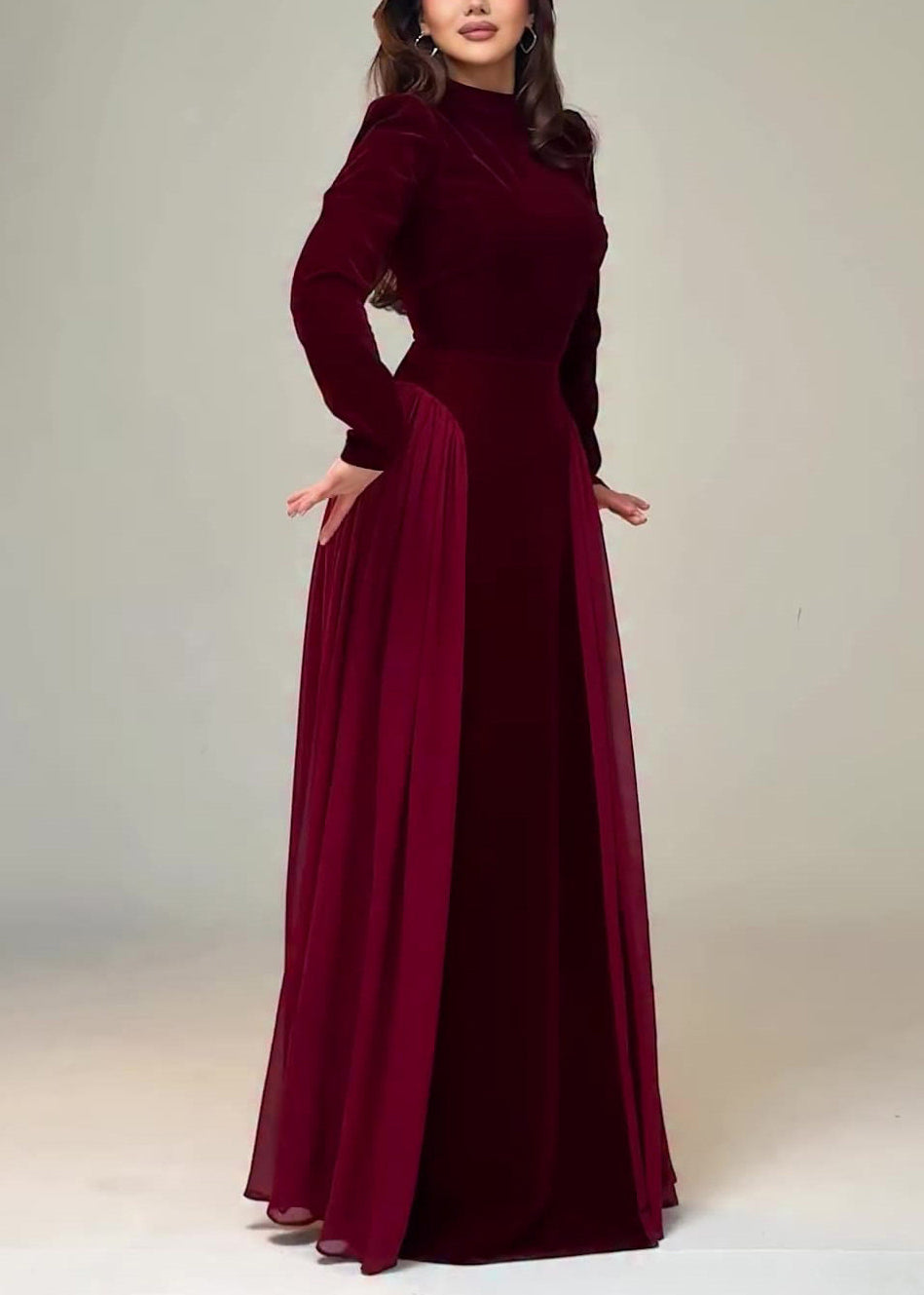 Velvet Mock Neck Long Sleeve Chiffon Pleated Panel Maxi Gown