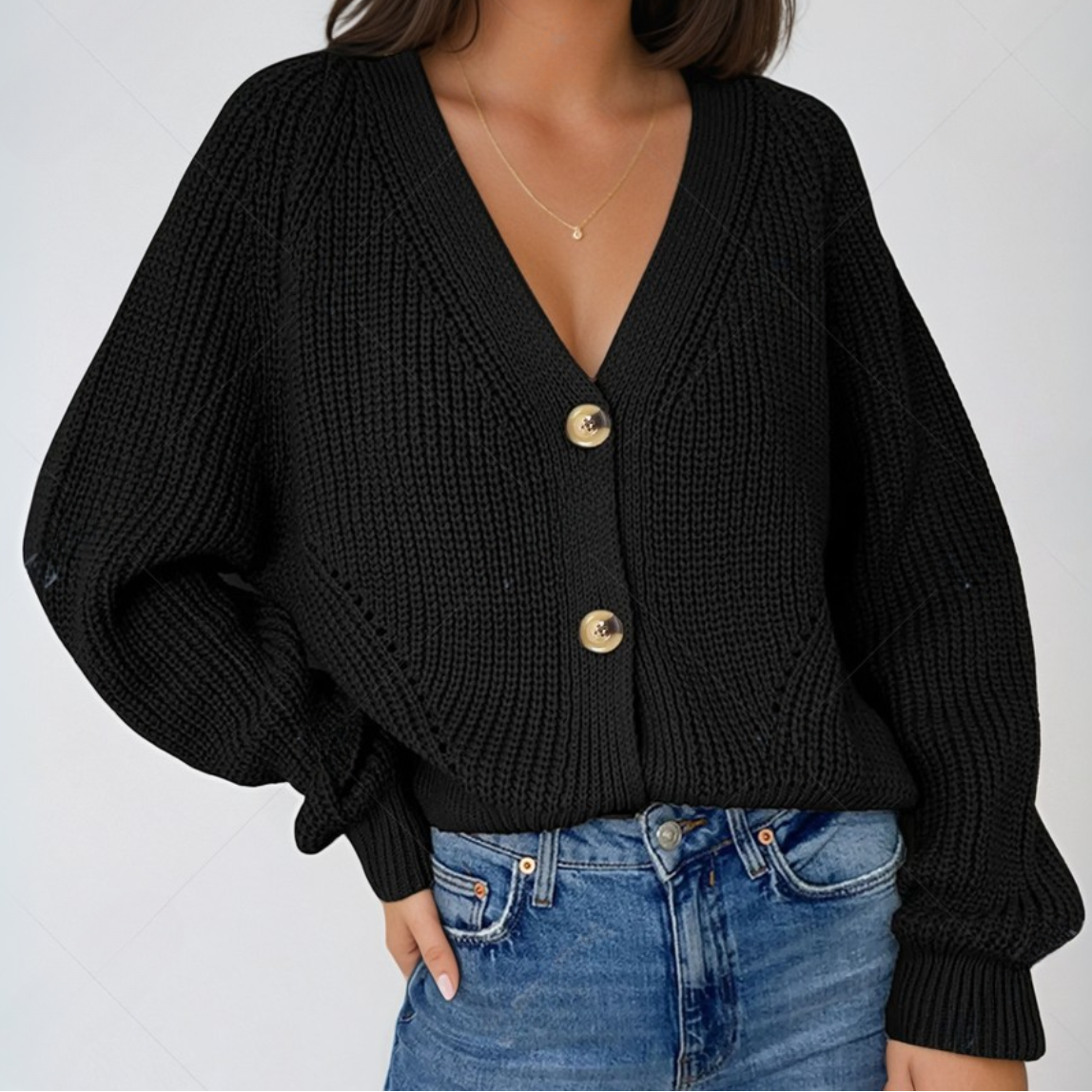 V-Neck Long Sleeve Button Front Ribbed Knit Cardigan