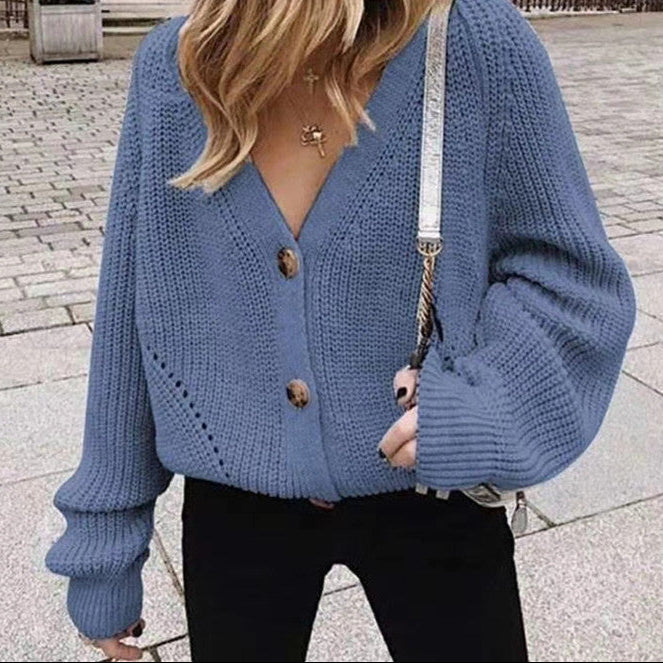 V-Neck Long Sleeve Button Front Ribbed Knit Cardigan