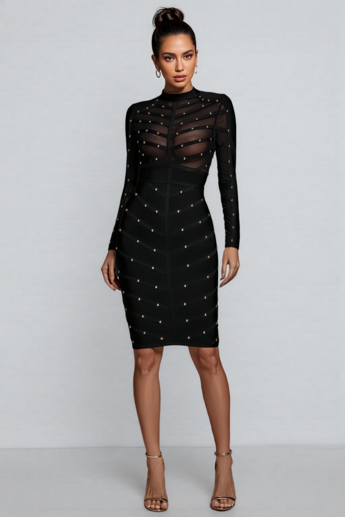 Studded Sheer Mesh Mock Neck Long Sleeve Bandage Bodycon Midi Dress