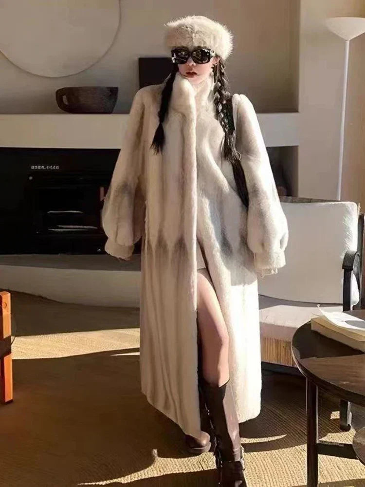 Striped Faux Fur Stand Collar Balloon Sleeve Long Coat 8