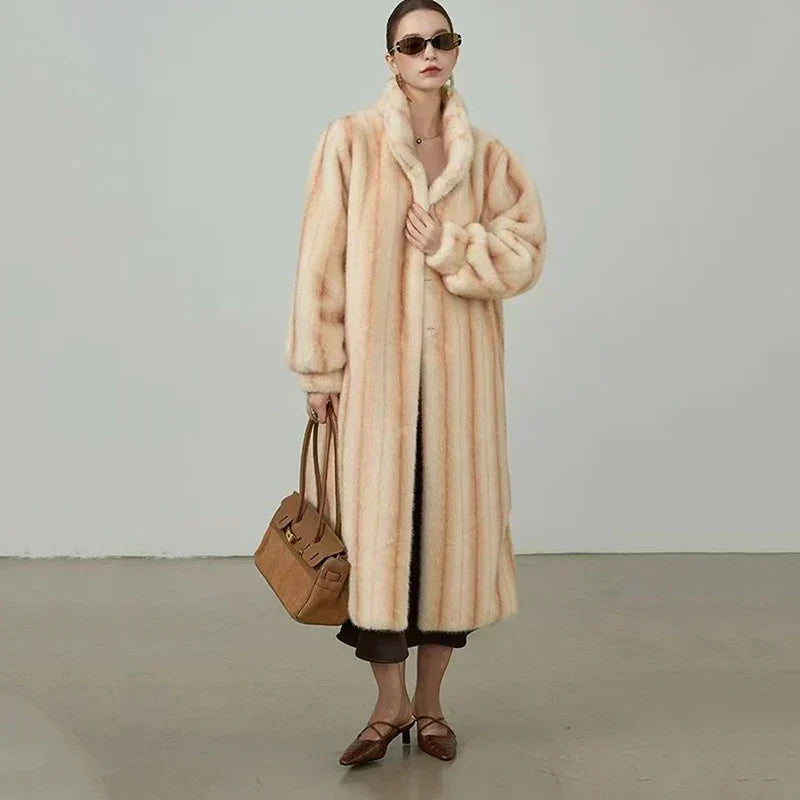 Striped Faux Fur Stand Collar Balloon Sleeve Long Coat 7