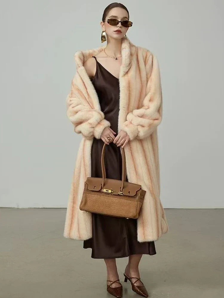 Striped Faux Fur Stand Collar Balloon Sleeve Long Coat 4