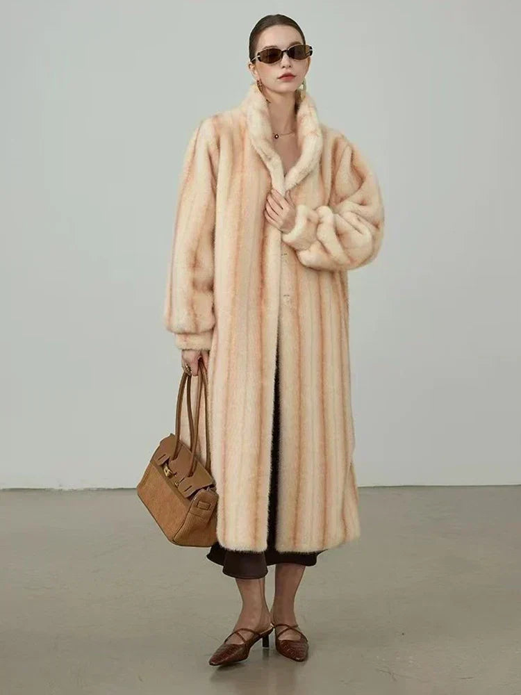 Striped Faux Fur Stand Collar Balloon Sleeve Long Coat 5