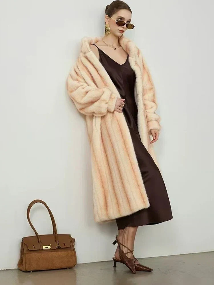 Striped Faux Fur Stand Collar Balloon Sleeve Long Coat 2