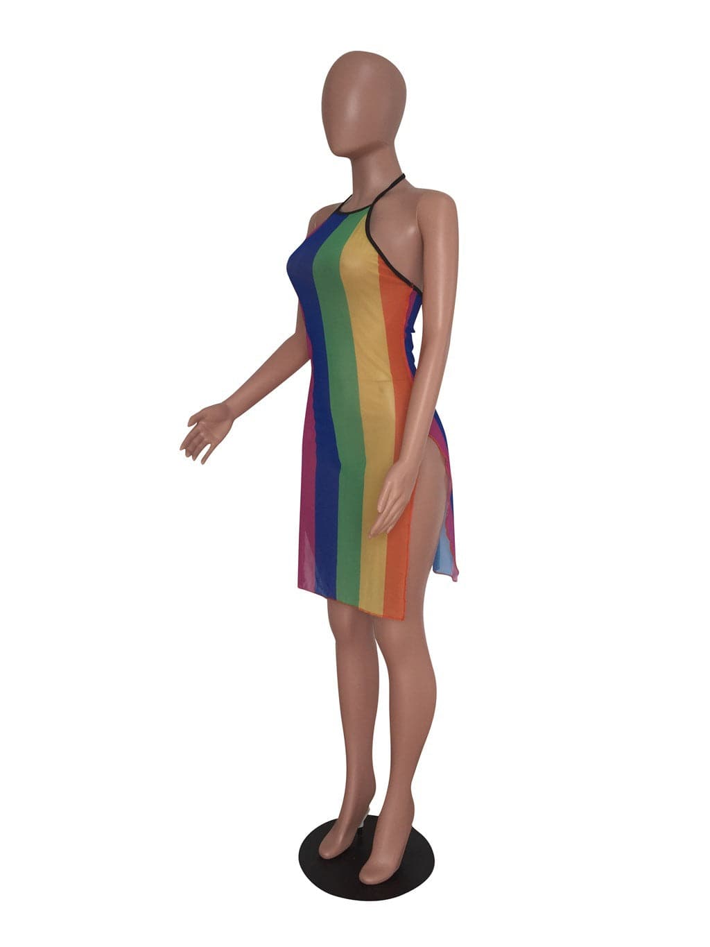Striped Mesh Halter Neck Ruched Bodycon Mini Dress