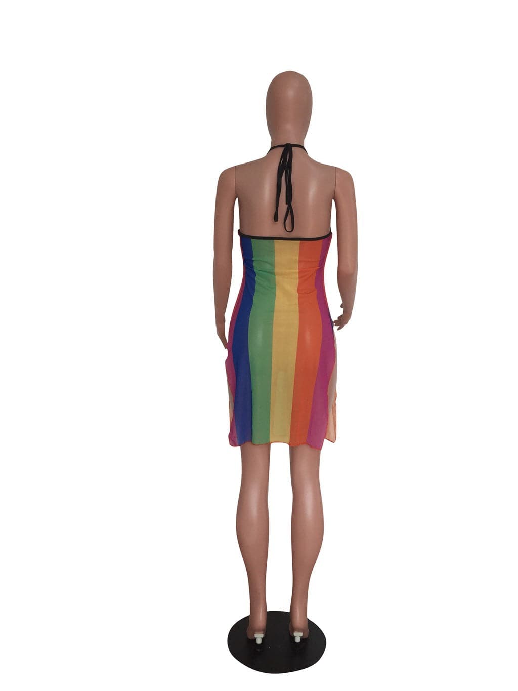 Striped Mesh Halter Neck Ruched Bodycon Mini Dress