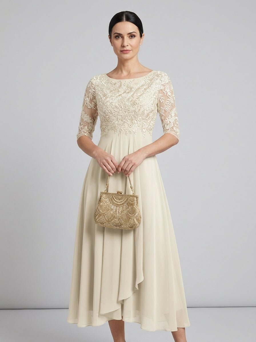 Lace Bodice Short Sleeve Chiffon A-Line Midi Dress Wedding Guest