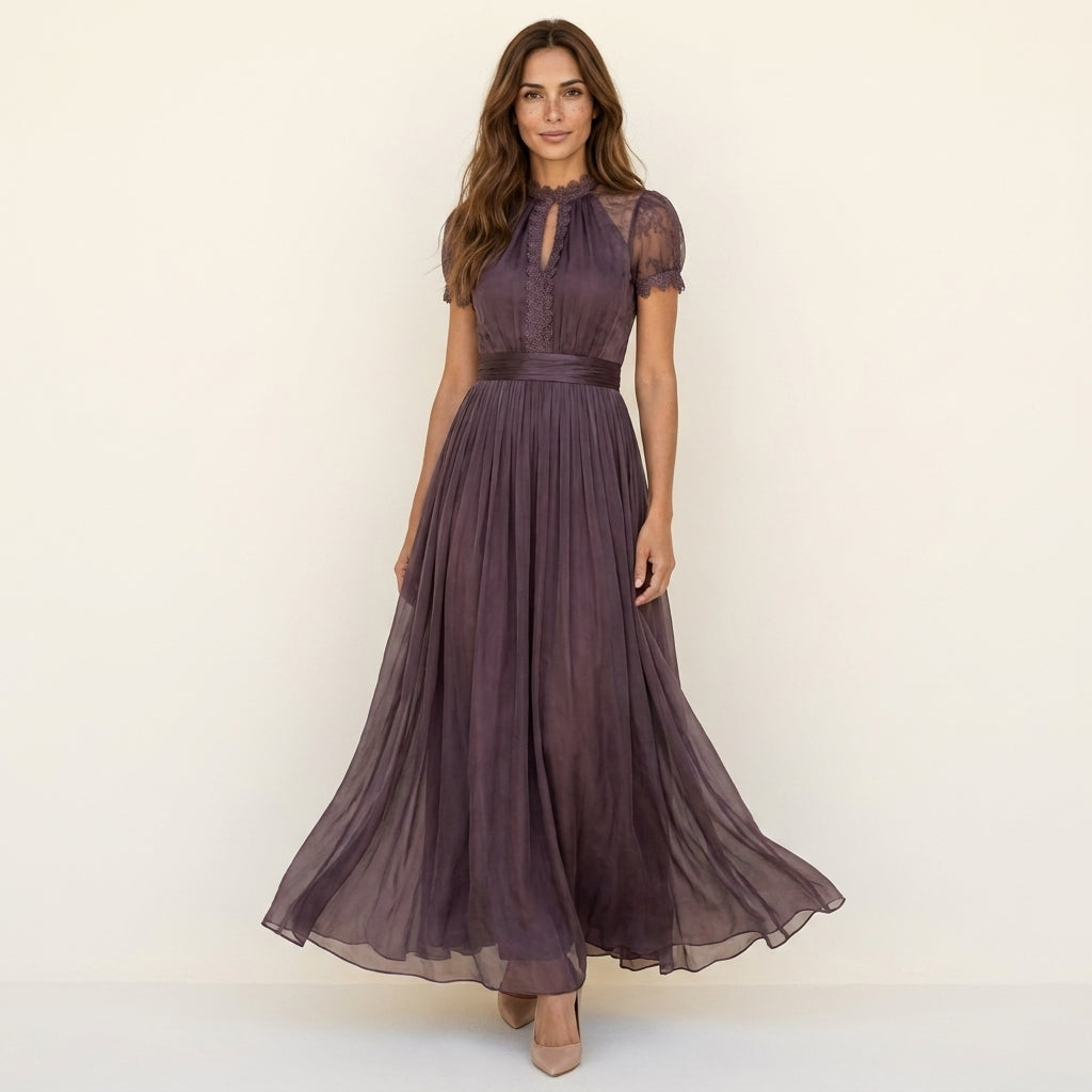 Chiffon Keyhole Lace Trim Short Sleeve A-Line Maxi Dress