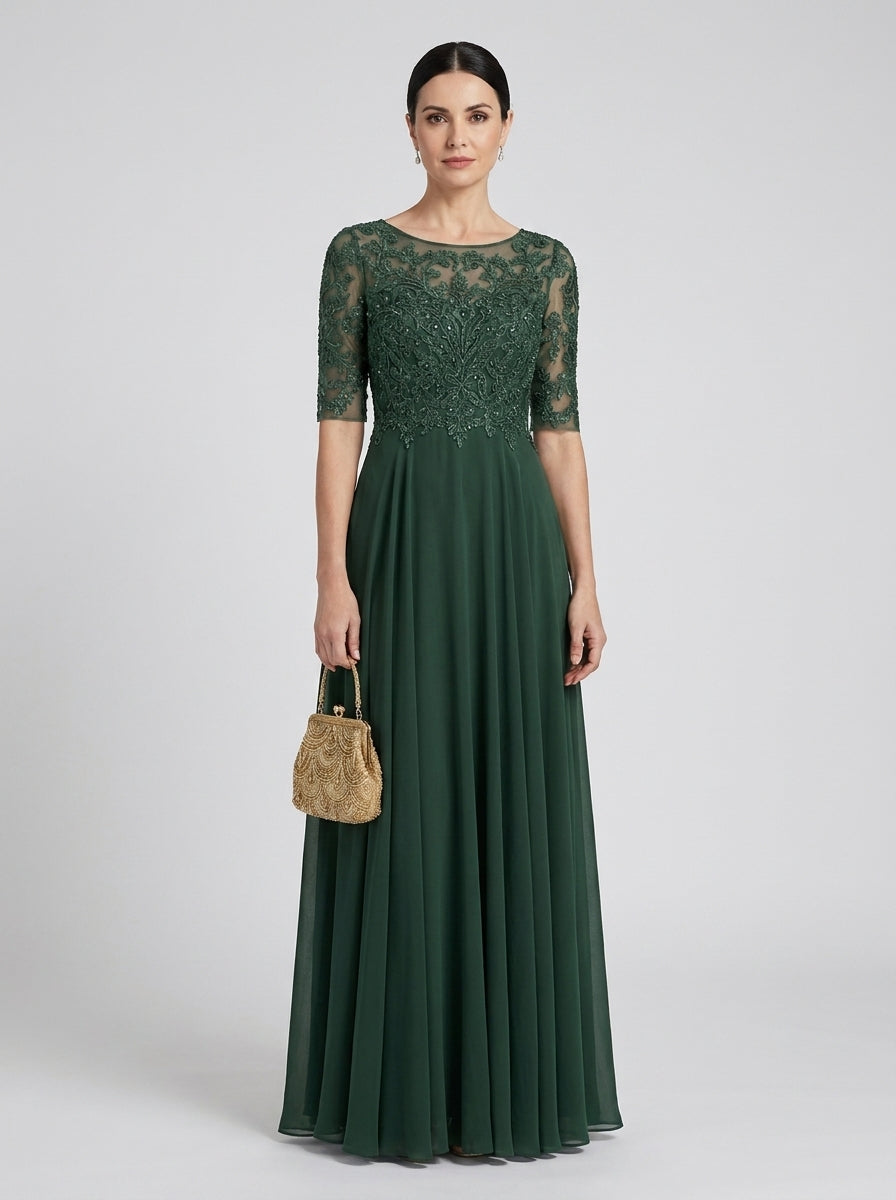 Lace Bodice Short Sleeve Chiffon A-Line Midi Dress Wedding Guest
