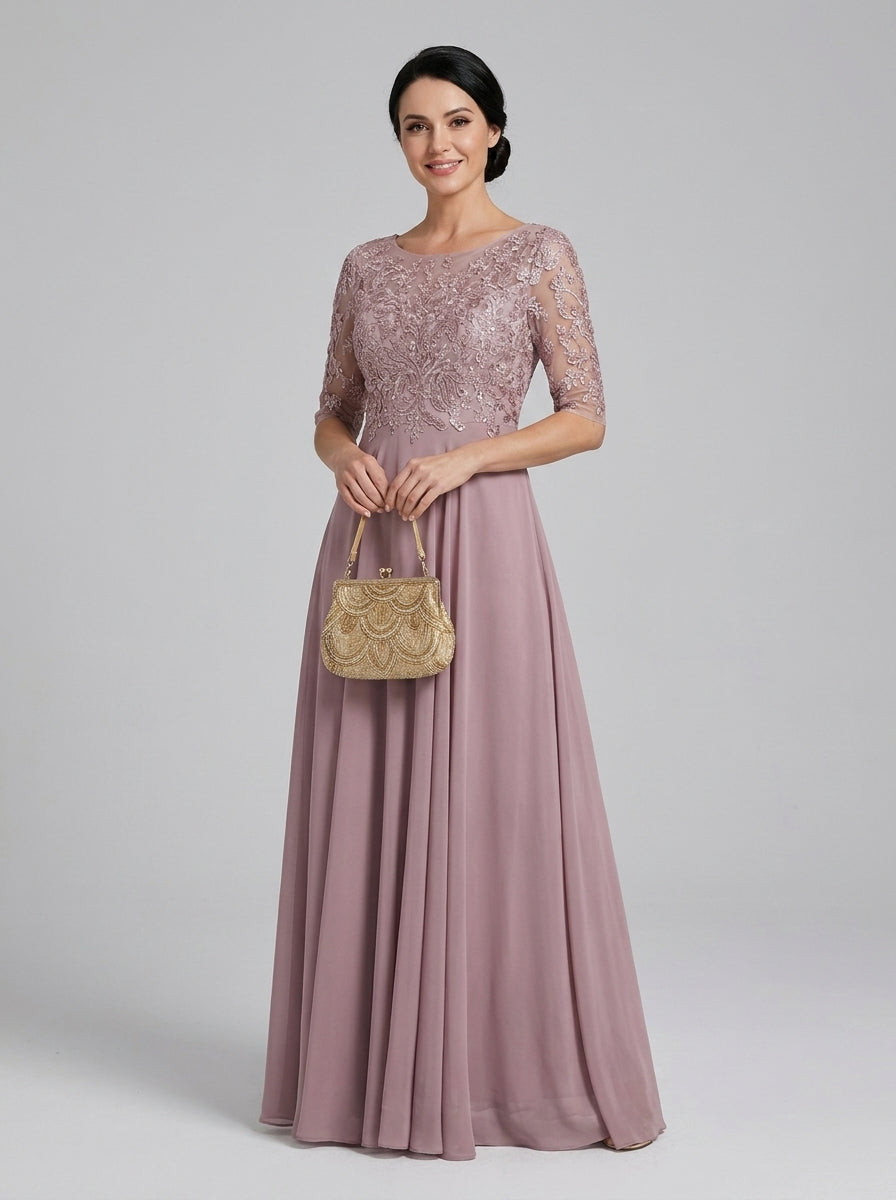 Lace Bodice Short Sleeve Chiffon A-Line Midi Dress Wedding Guest