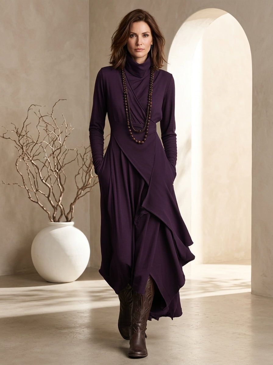 Turtleneck Long Sleeve Wrap Asymmetric Maxi Dress