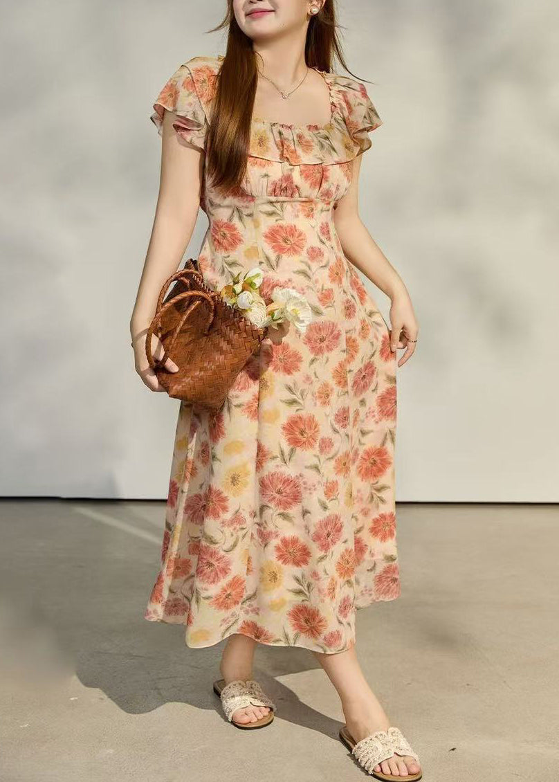 Women Apricot Ruffled Print Chiffon Robe Dresses Summer
