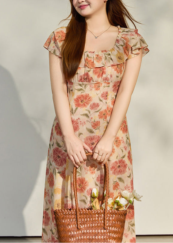 Women Apricot Ruffled Print Chiffon Robe Dresses Summer 4