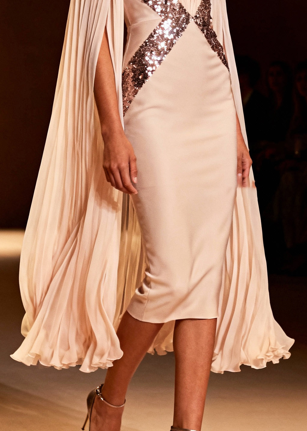 Sequin Deep V-Neck Cape Sleeve Pleated Waist Bodycon Midi Dress