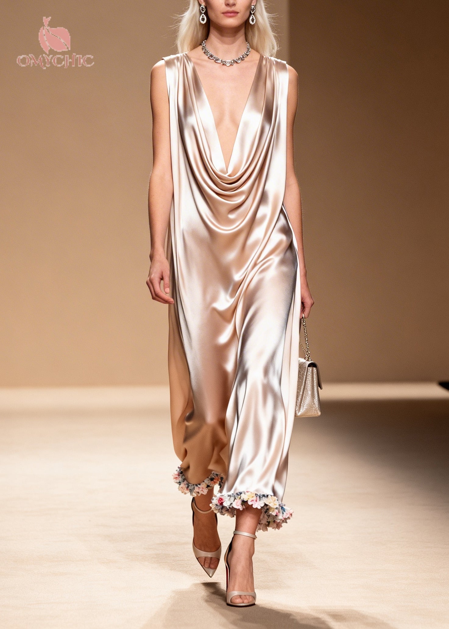Women Apricot V Neck Floral Silk Maxi Dress Sleeveless - View 5