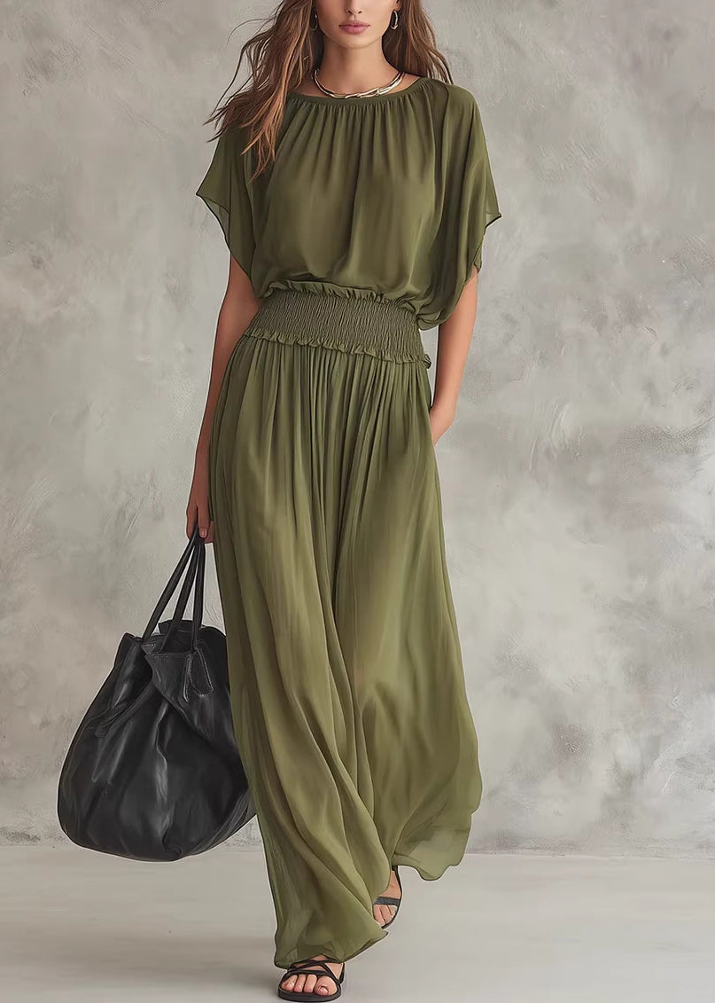 Women Army Green O Neck Patchwork Chiffon Dresses Summer