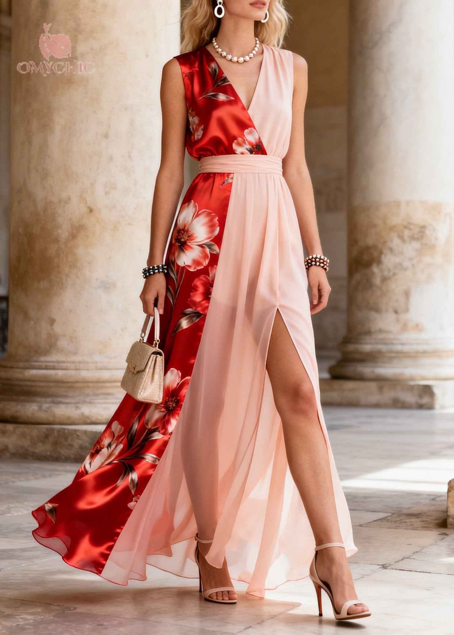 Floral V-Neck Sleeveless Wrap High Split Chiffon Maxi Dress
