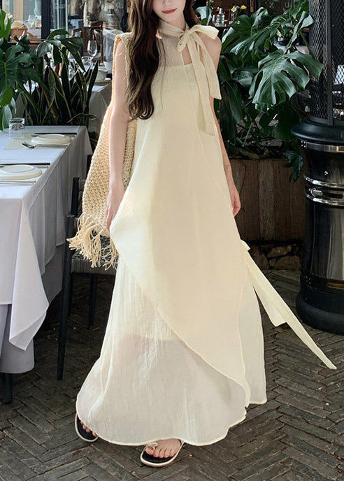 Women Beige Asymmetrical Chiffon Halter Dresses Summer - View 2