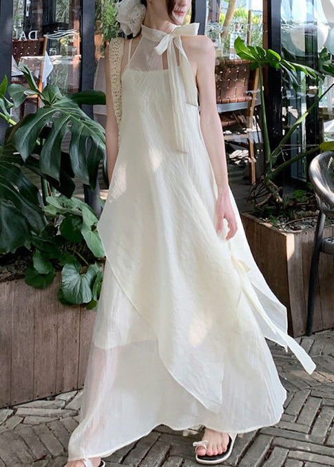 Women Beige Asymmetrical Chiffon Halter Dresses Summer - View 5