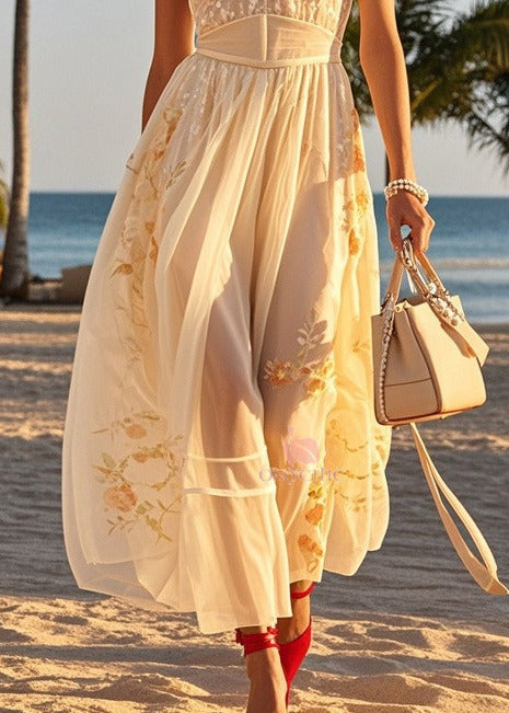 Women Beige Cold Shoulder Print Tulle Halter Dresses Summer 4