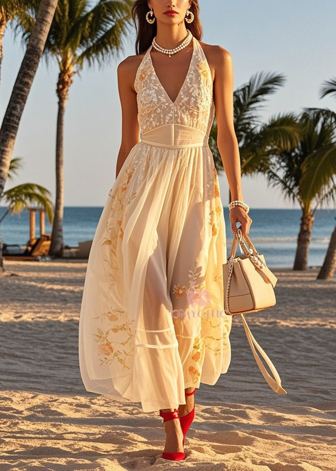 Women Beige Cold Shoulder Print Tulle Halter Dresses Summer 5