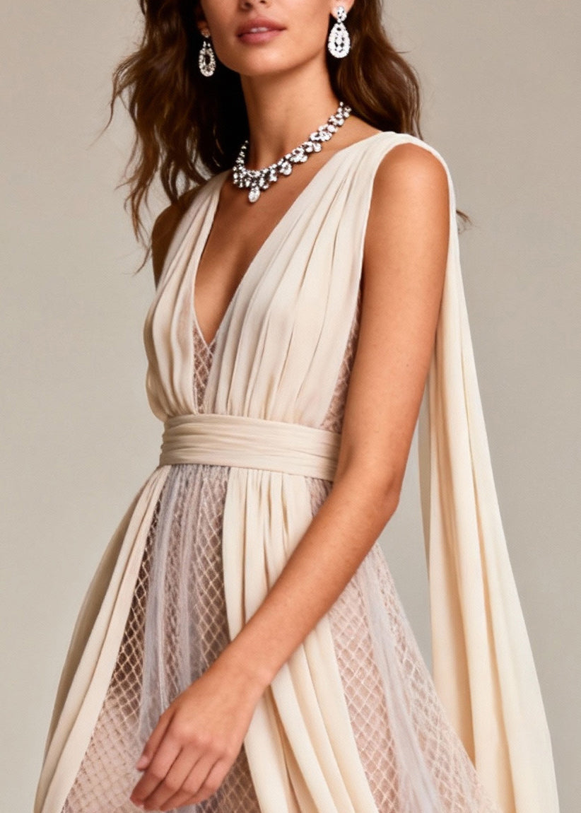 Mesh Pleated Deep V-Neck Shoulder Streamer Tiered Asymmetric Maxi Gown