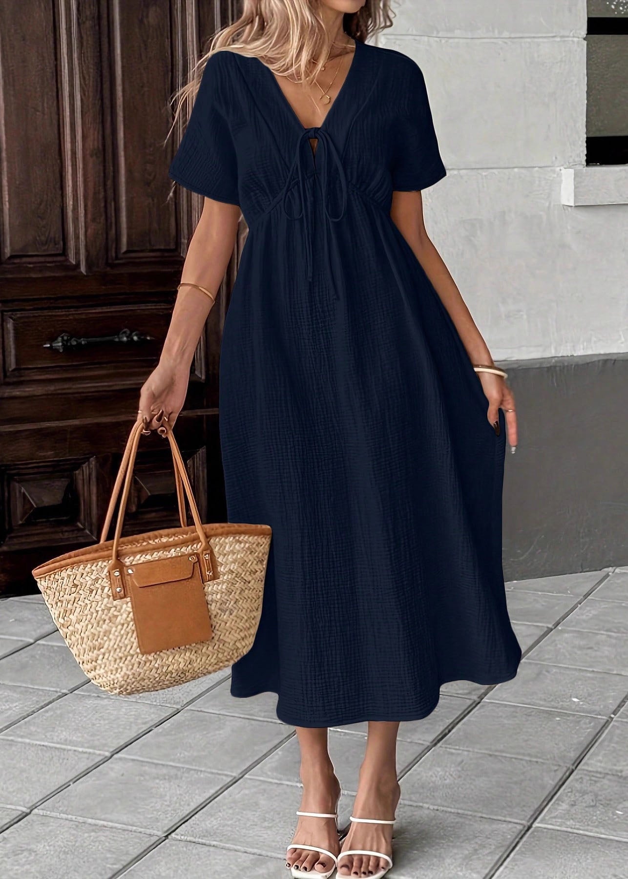 Crinkle Gauze Deep V-Neck Lace Up Short Sleeve Empire Waist A-Line Midi Dress