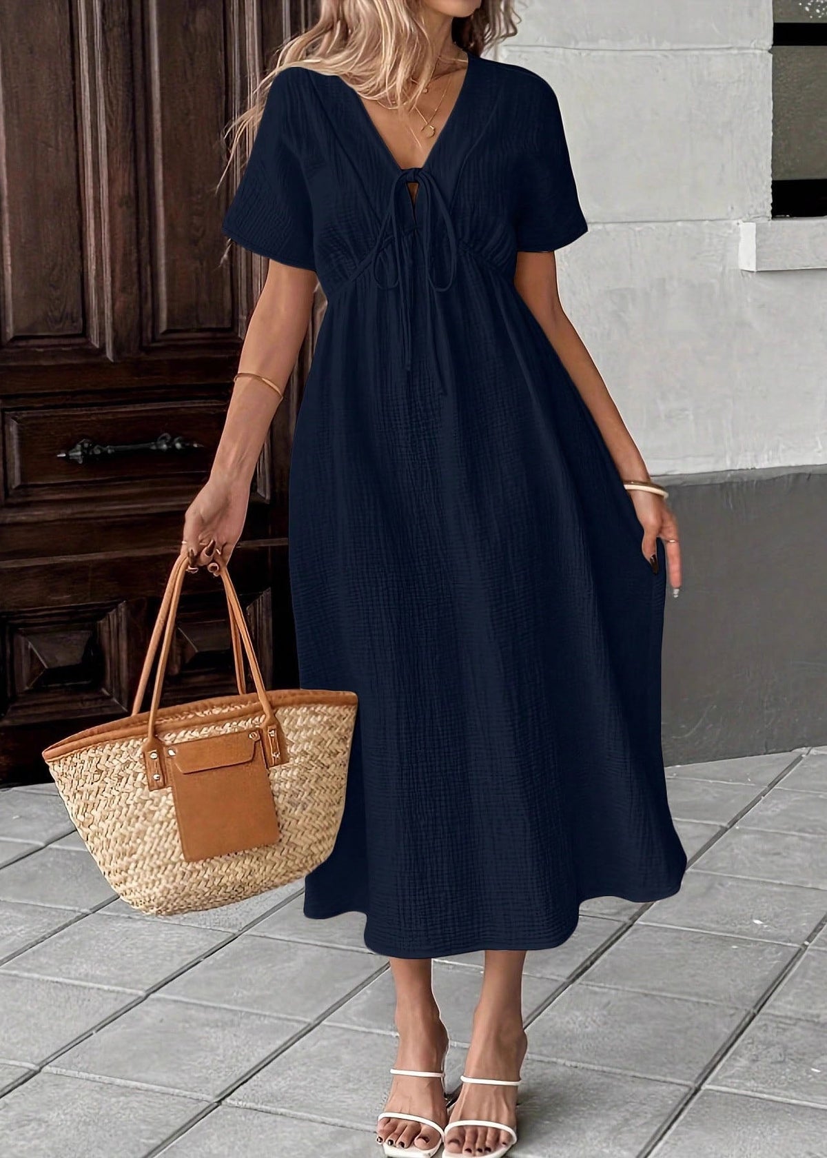 Crinkle Gauze Deep V-Neck Lace Up Short Sleeve A-Line Midi Dress - View 2