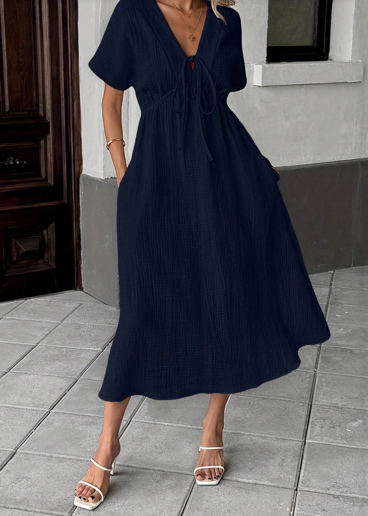 Crinkle Gauze Deep V-Neck Lace Up Short Sleeve Empire Waist A-Line Midi Dress