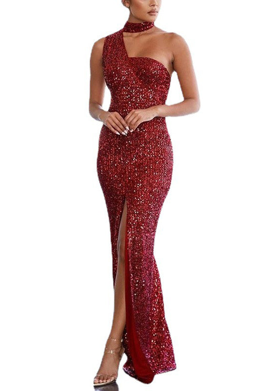 Sequin One Shoulder High Split Bodycon Maxi Gown