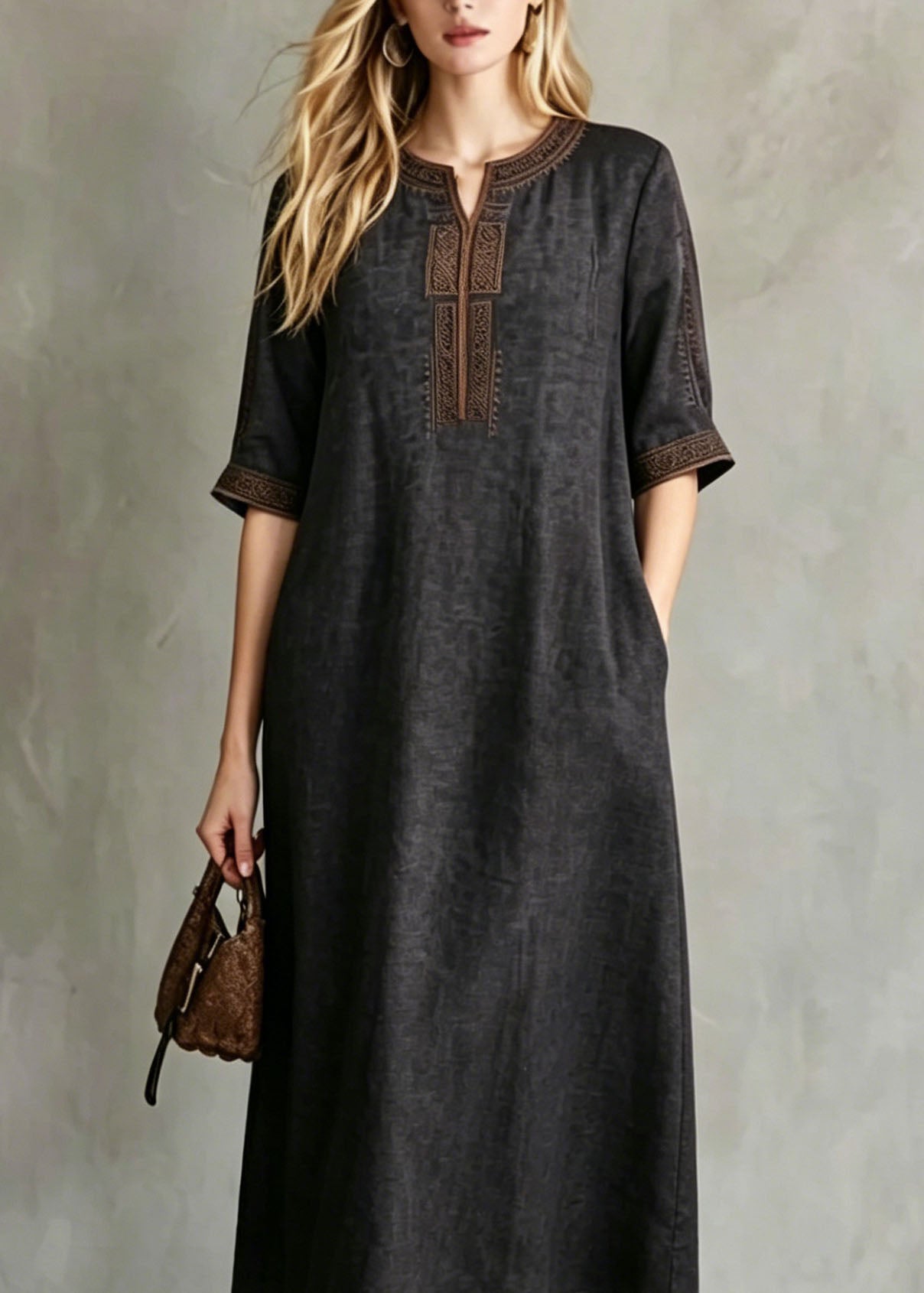 Embroidered Split Neck Elbow Sleeve Side Pocket Woven Shift Midi Dress