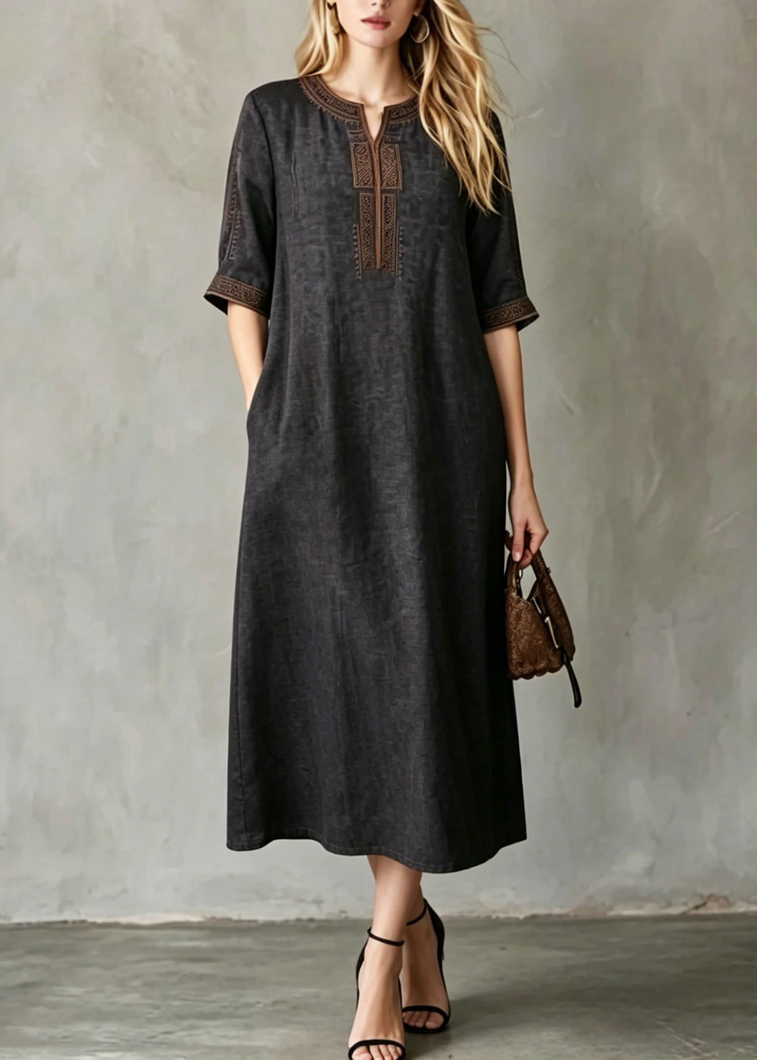 Embroidered Split Neck Elbow Sleeve Side Pocket Woven Shift Midi Dress