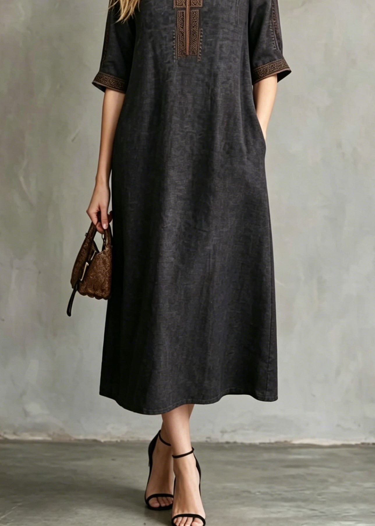 Embroidered Split Neck Elbow Sleeve Side Pocket Woven Shift Midi Dress