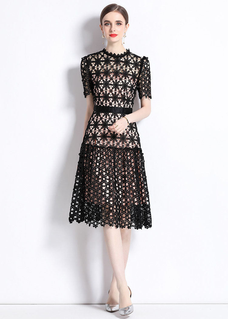 Lace Overlay Mock Neck Short Sleeve Belted Fit and Flare Knee Length Dress