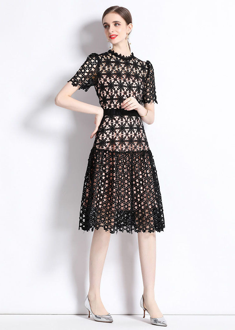 Lace Overlay Mock Neck Short Sleeve Belted Fit and Flare Knee Length Dress