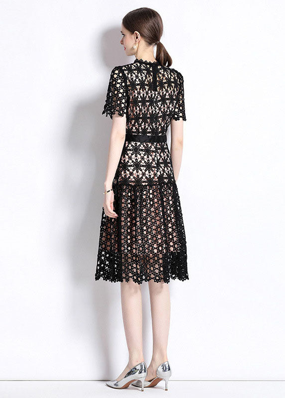 Lace Overlay Mock Neck Short Sleeve Belted Fit and Flare Knee Length Dress