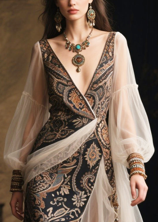 Deep V-Neck Wrap Paisley Bishop Sleeve Tiered Ruffle Maxi Gown