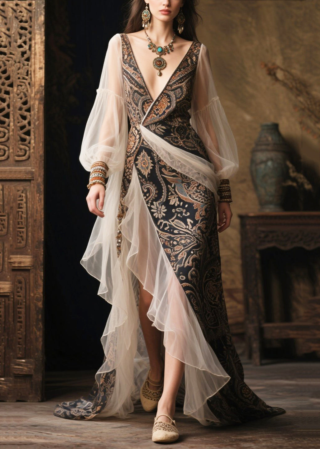 Deep V-Neck Wrap Paisley Bishop Sleeve Tiered Ruffle Maxi Gown