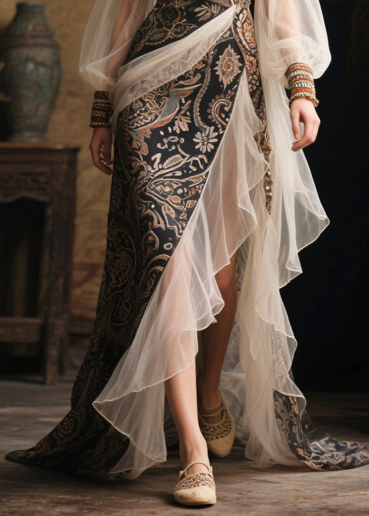 Deep V-Neck Wrap Paisley Bishop Sleeve Tiered Ruffle Maxi Gown